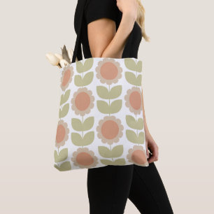  Mid-Century Pastel Pink Retro Floral Pattern Tote Bag