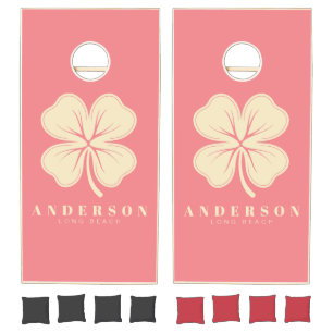 Mid-Century Peach Four Leaf Clover with Name Cornhole Set