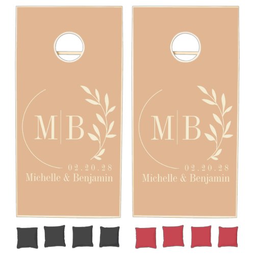 Mid-Century Peach Kiss Leaf Wedding Monogram Cornhole Set