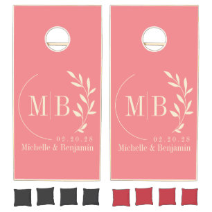 Mid-Century Peach Leaf Wedding Monogram Cornhole Set