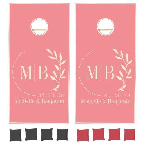 Mid-Century Peach Leaf Wedding Monogram Cornhole Set