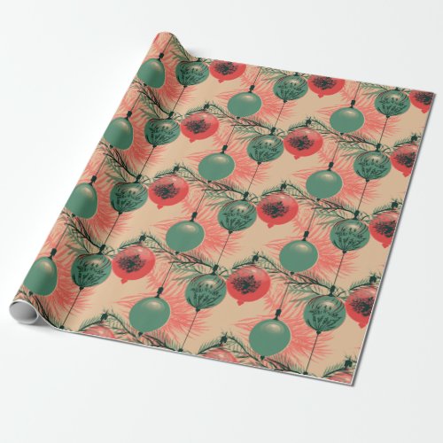 Mid Century Pink and Green Ornaments Wrapping Paper