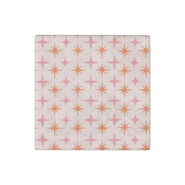 Mid Century Pink and Orange  Atomic Starbursts Stone Magnet (Front)