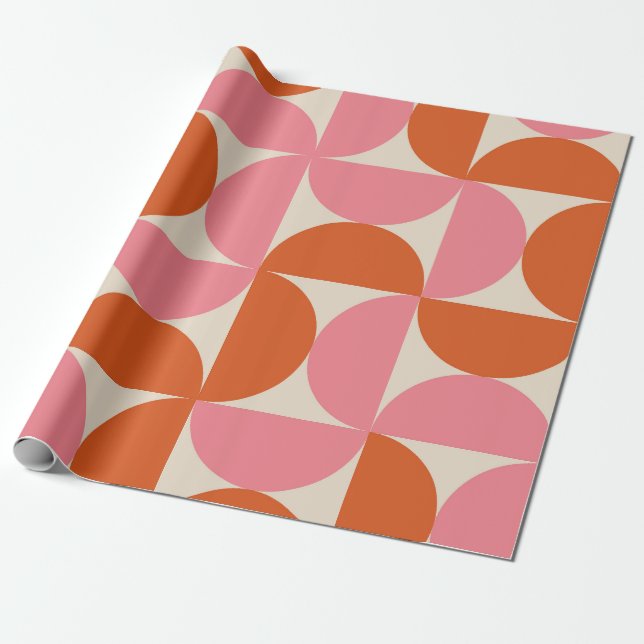 Mid century  Pink and Orange Half Circles Pattern  Wrapping Paper (Unrolled)