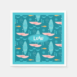 Mid Century Pink Catamaran - Blue Background Napkins