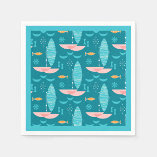 Mid Century Pink Catamaran - Blue Background Napkins