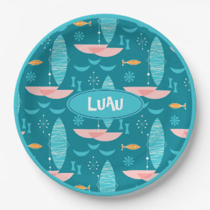 Mid Century Pink Catamaran - Blue Background Paper Plates