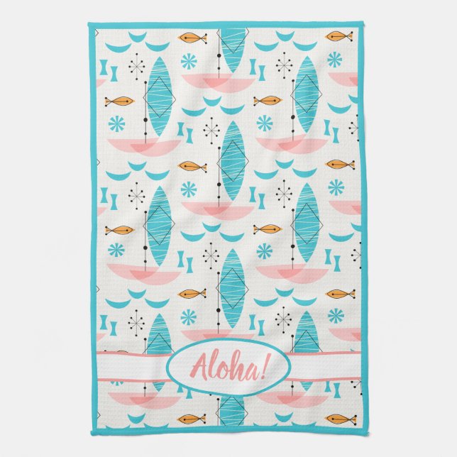 Mid Century Pink Catamaran Kitchen Towel (Vertical)