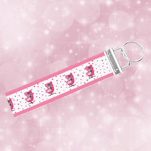 Mid Century Pink Chair Two Elegant Cats Polka Dots Wrist Keychain