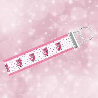 Mid Century Pink Chair Two Elegant Cats Polka Dots Wrist Keychain
