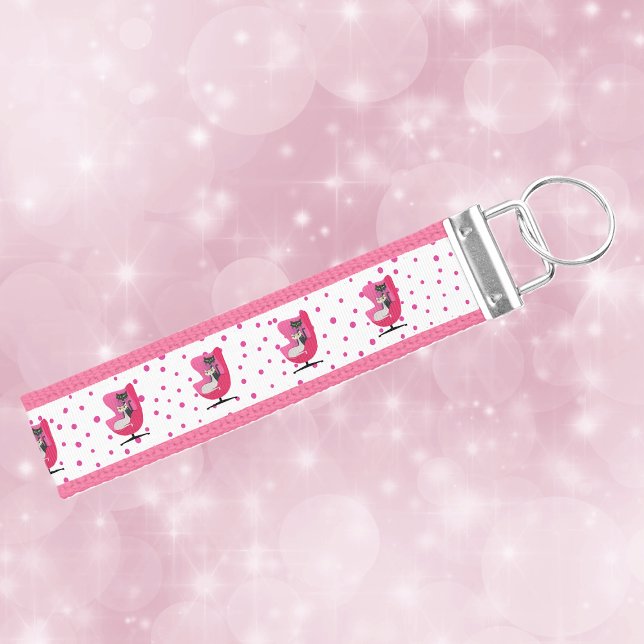 Mid Century Pink Chair Two Elegant Cats Polka Dots Wrist Keychain (Row of mid century style pink chairs with two cats on white with pink polka dots lanyard keychain.)