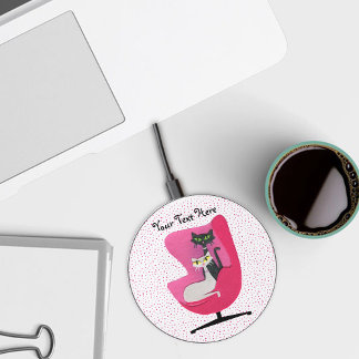 Mid Century Pink Chair With Cats on Polka Dots Wireless Charger