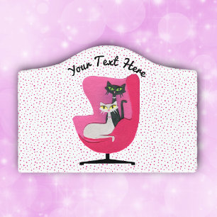 Mid Century Pink Chair With Two Cats Polka Dots Door Sign