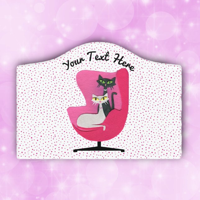 Mid Century Pink Chair With Two Cats Polka Dots Door Sign (Two mid century style cats in pink chair pink polka dots on white door sign.)