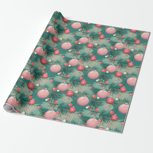Mid Century Pink Christmas Ornaments Wrapping Paper