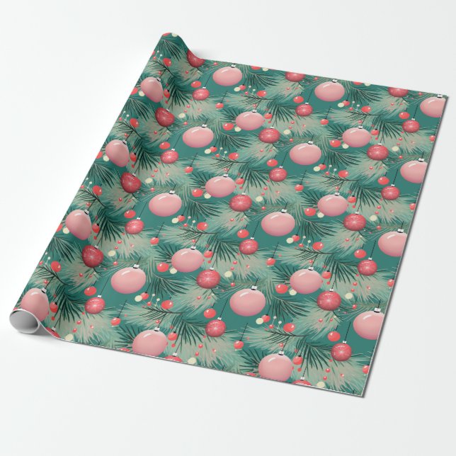 Mid Century Pink Christmas Ornaments Wrapping Paper (Unrolled)