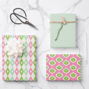 Mid Century Pink & Green Geometric Christmas Wrapping Paper Sheets