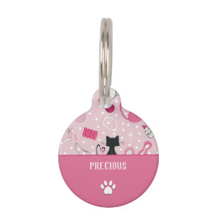 Mid Century Pink Heart Cats Pet ID Tag