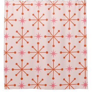Mid Century Pink Orange Atomic Starbursts Pattern  Shower Curtain