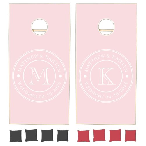 Mid-Century Pink Whisper Wedding Monogram Cornhole Set