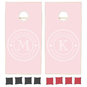 Mid-Century Pink Whisper Wedding Monogram Heart Cornhole Set