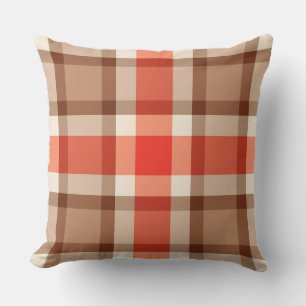 Mid-Century Plaid, Coral Orange, Brown & Tan Throw Pillow