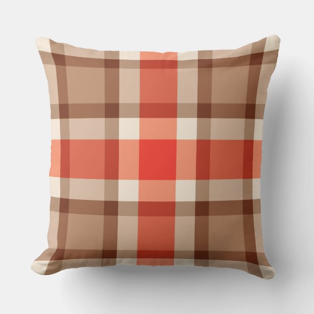 Mid-Century Plaid, Coral Orange, Brown & Tan Throw Pillow (Front)