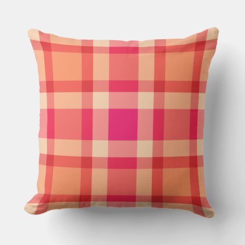 Mid_Century Plaid Orange Coral and Fuchsia Pink Throw Pillow