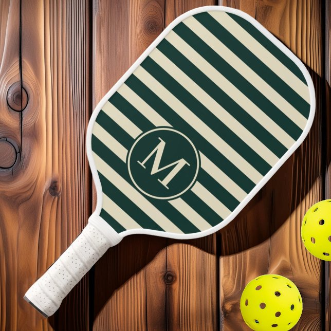 Mid-Century Polo Striped Sage Green Monogram  Pickleball Paddle (Creator Uploaded)