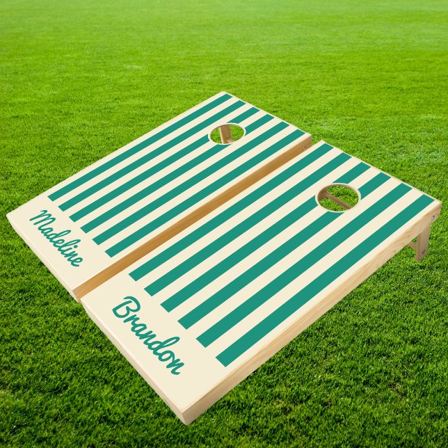 Mid-Century Polo Striping Aqua Beach Breeze Names Cornhole Set (Creator Uploaded)