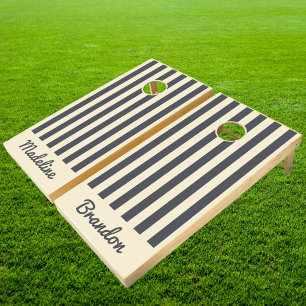 Mid-Century Polo Striping Mediterranean Gray Names Cornhole Set