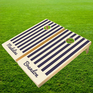 Mid-Century Polo Striping Midnight Ocean   Names Cornhole Set