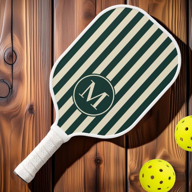Mid-Century Polo Striping Sage Green Monogram Pickleball Paddle (Creator Uploaded)