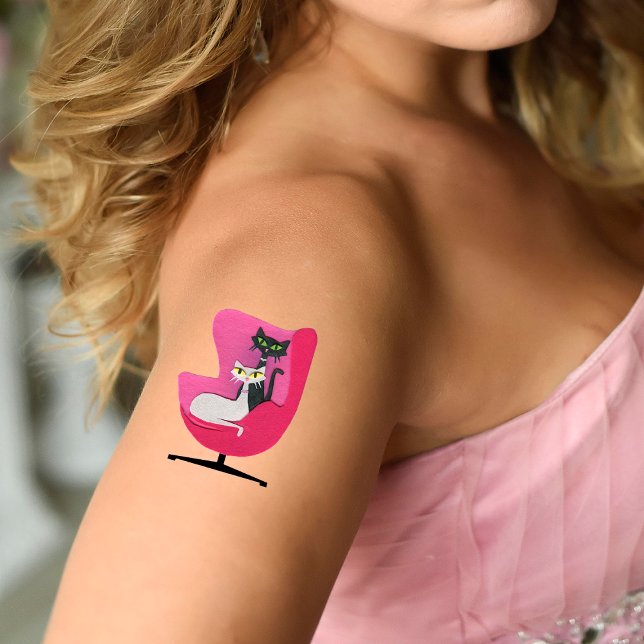 Mid Century Pretty Cats in Bright Pink Chair Temporary Tattoos (Mid century pretty cats in bright pink chair on temporary tattoos.)