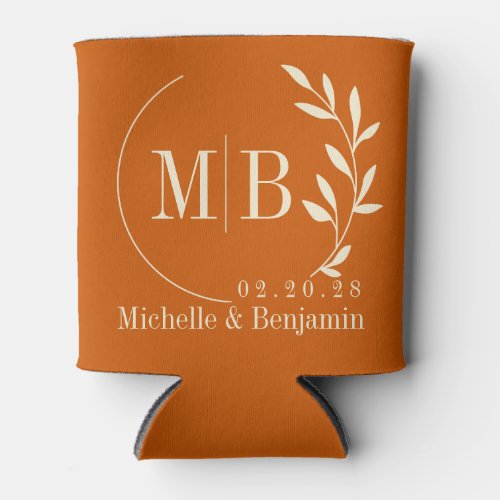 Mid-Century Pumpkin Leaf Wedding Monogram Can Cooler
