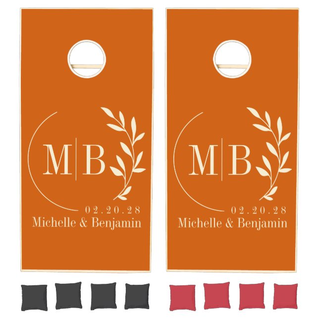 Mid-Century Pumpkin Leaf Wedding Monogram Cornhole Set (Set)