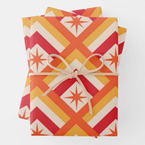 Mid Century Red Atomic Starbursts on Diamond Shape Wrapping Paper Sheets