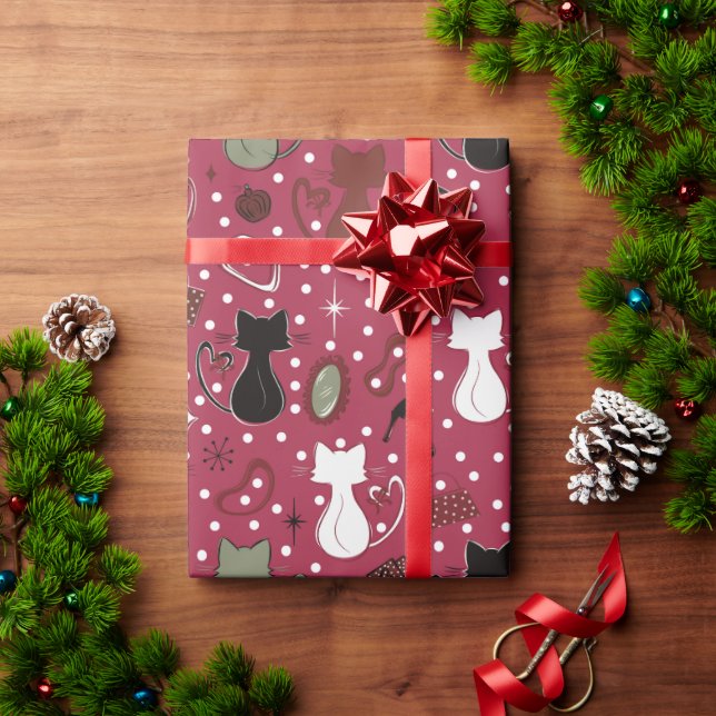 Mid Century Red Heart Cats Wrapping Paper (Holiday Gift)