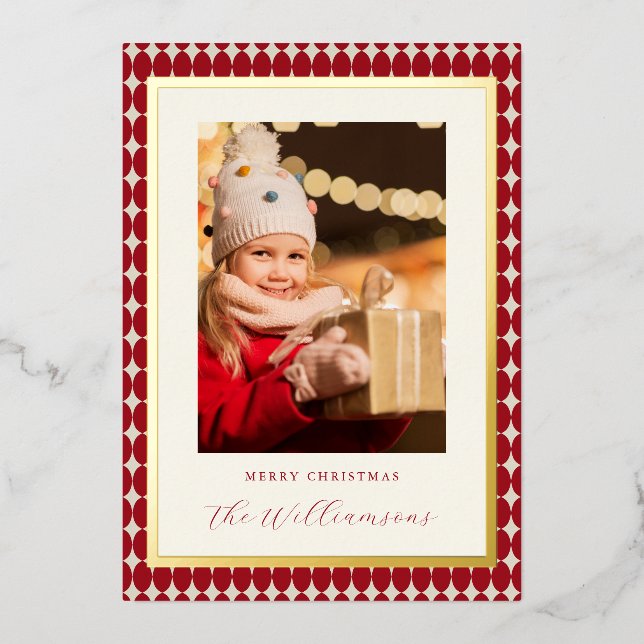 Mid Century Red Vertical Two Photos Christmas Gold Foil Holiday Card (Front)