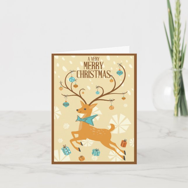 Mid-century Reindeer with Ornaments Christmas Holiday Card (Front)