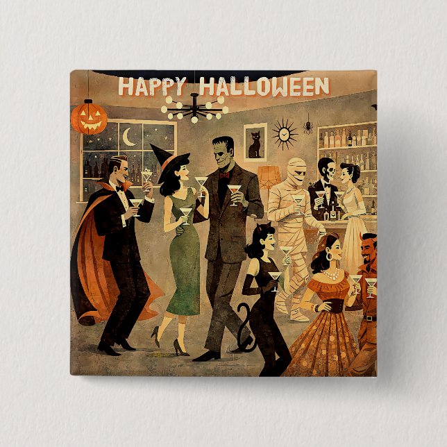 Mid Century Retro 40s Halloween Martini Party Button (Front)