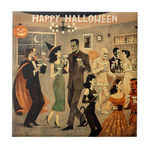 Mid Century Retro 40s Halloween Martini Party Ceramic Tile