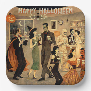 Mid Century Retro 40s Halloween Martini Party Paper Plates