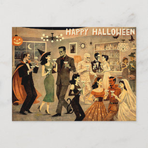 Mid Century Retro 40s Halloween Martini Party Postcard