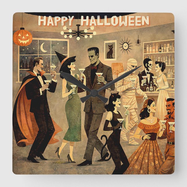 Mid Century Retro 40s Halloween Martini Party Square Wall Clock (Front)