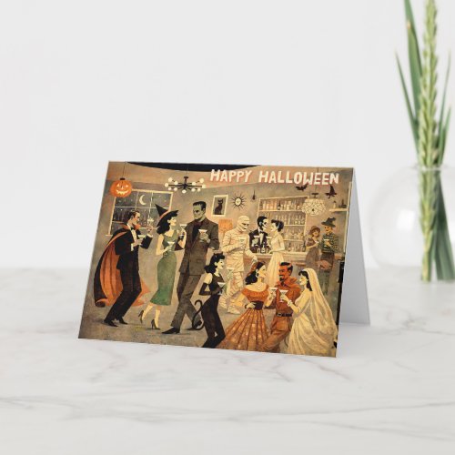 Mid Century Retro 40s Halloween Martini Party Thank You Card