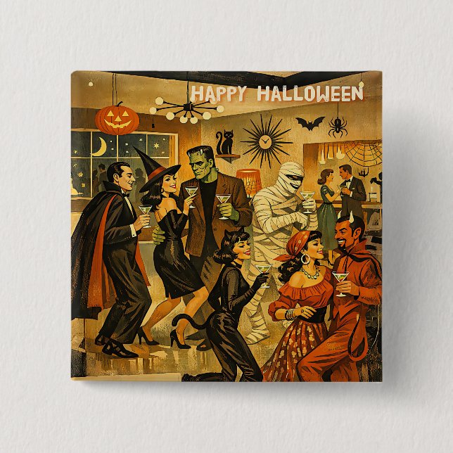 Mid Century Retro 50s Halloween Martini Party Button (Front)