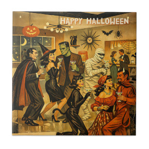 Mid Century Retro 50s Halloween Martini Party Ceramic Tile