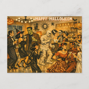 Mid Century Retro 50s Halloween Martini Party Postcard
