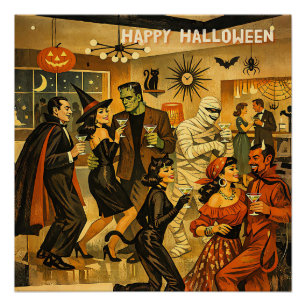 Mid Century Retro 50s Halloween Martini Party Poster